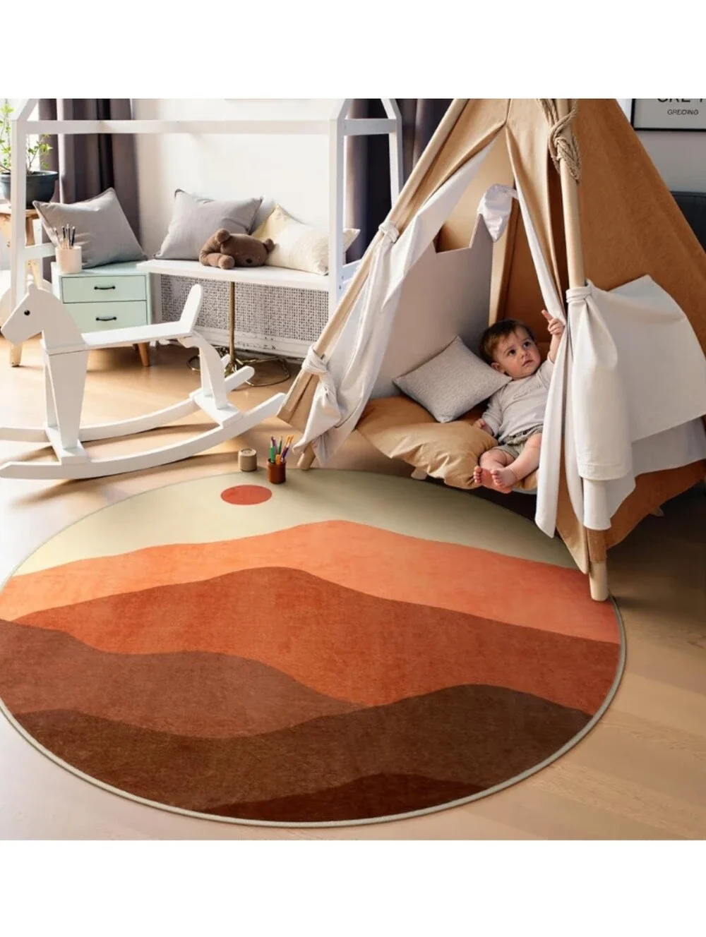 Sungea NWT 4' Round Desert Sun Non-Slip Machine Washable Area Rug Earthtones